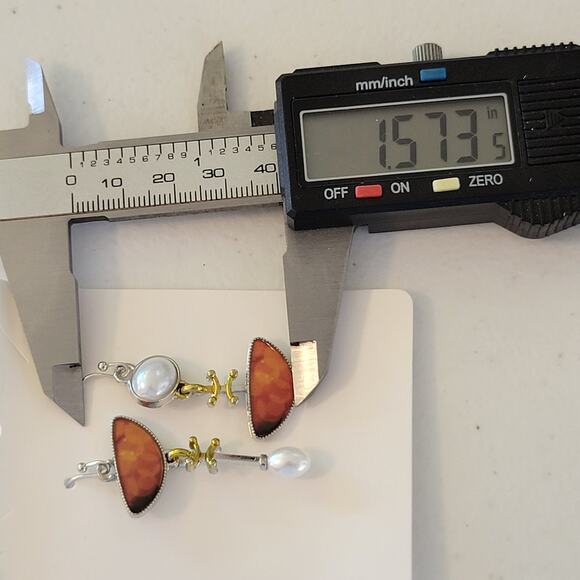 Abstract Drop Earrings Orange Half Moon Pearl Dangle Mixed Metal Boho Style - Picture 6 of 8